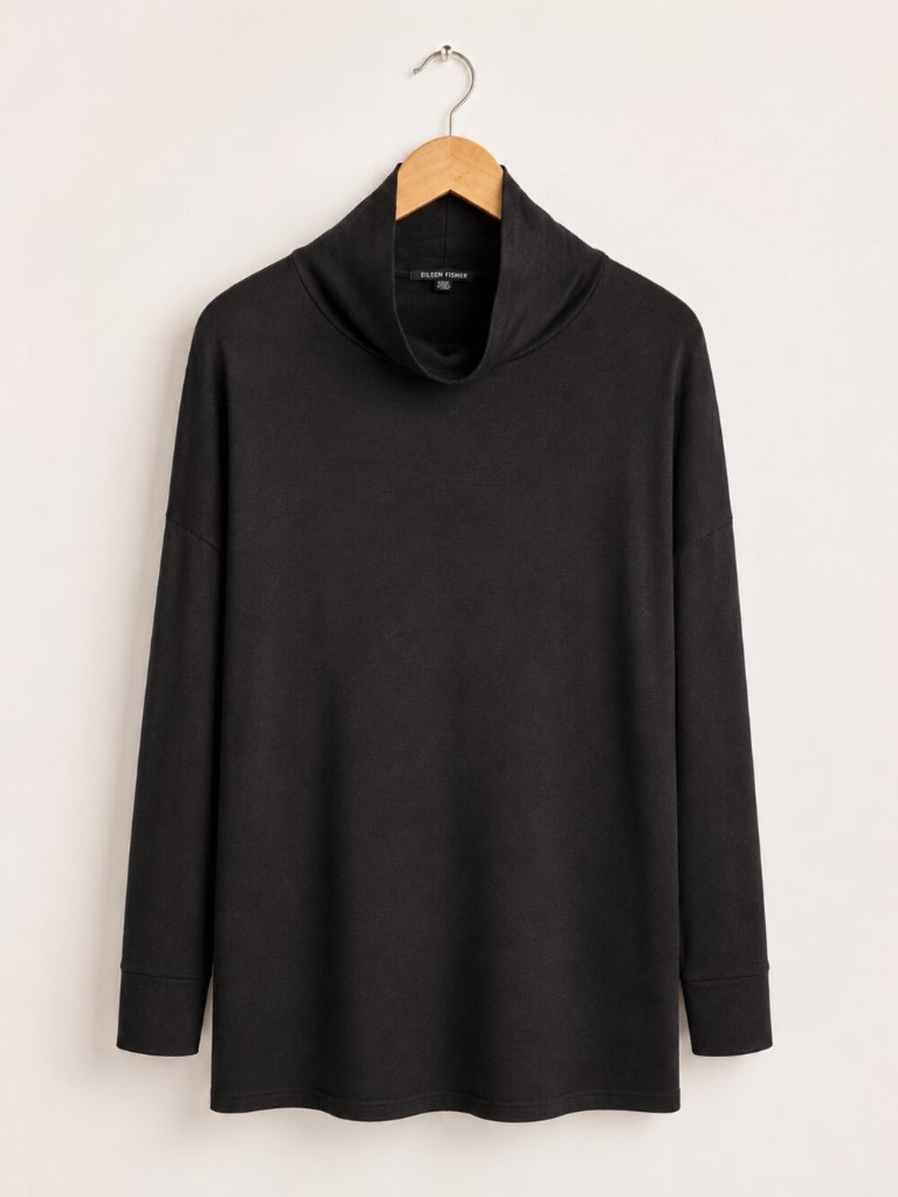 Eileen Fisher Fine Tencel Jersey Scrunch Neck Tunic Black Top Medium